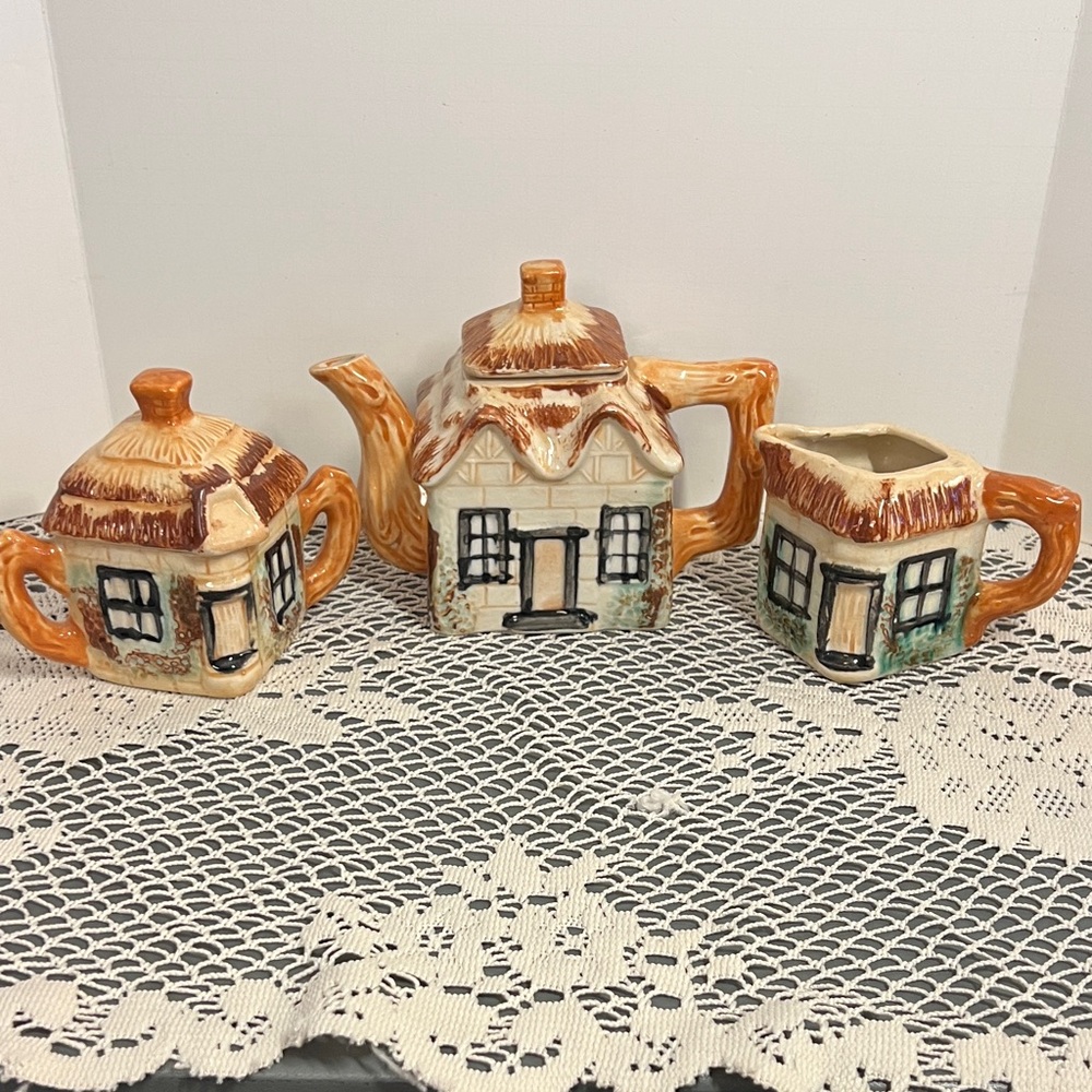 Cottage House Teapot Creamer Sugar Vintage 3 Piece Tea Set Made in Japan